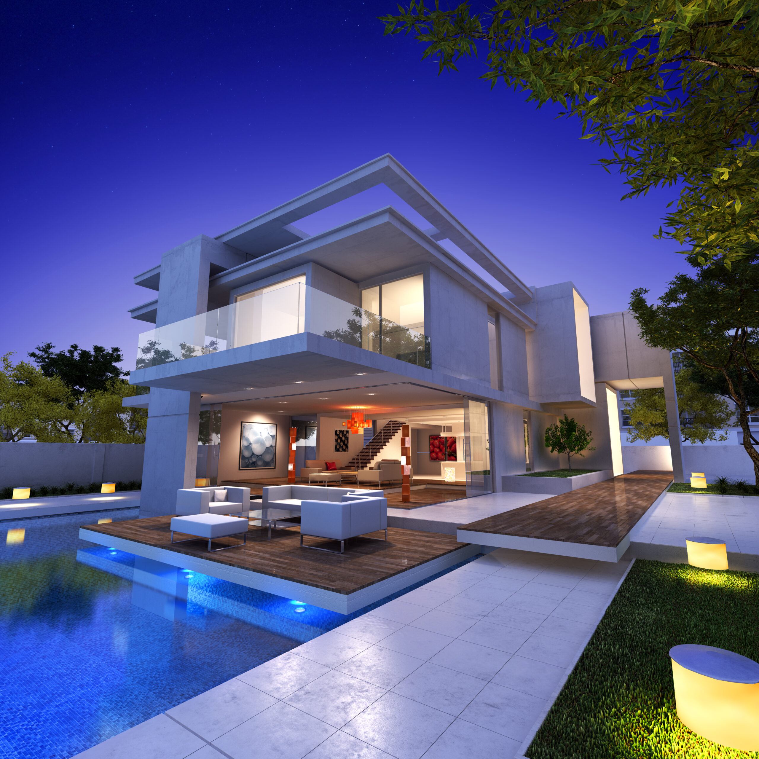 External view of a contemporary house with pool at dusk